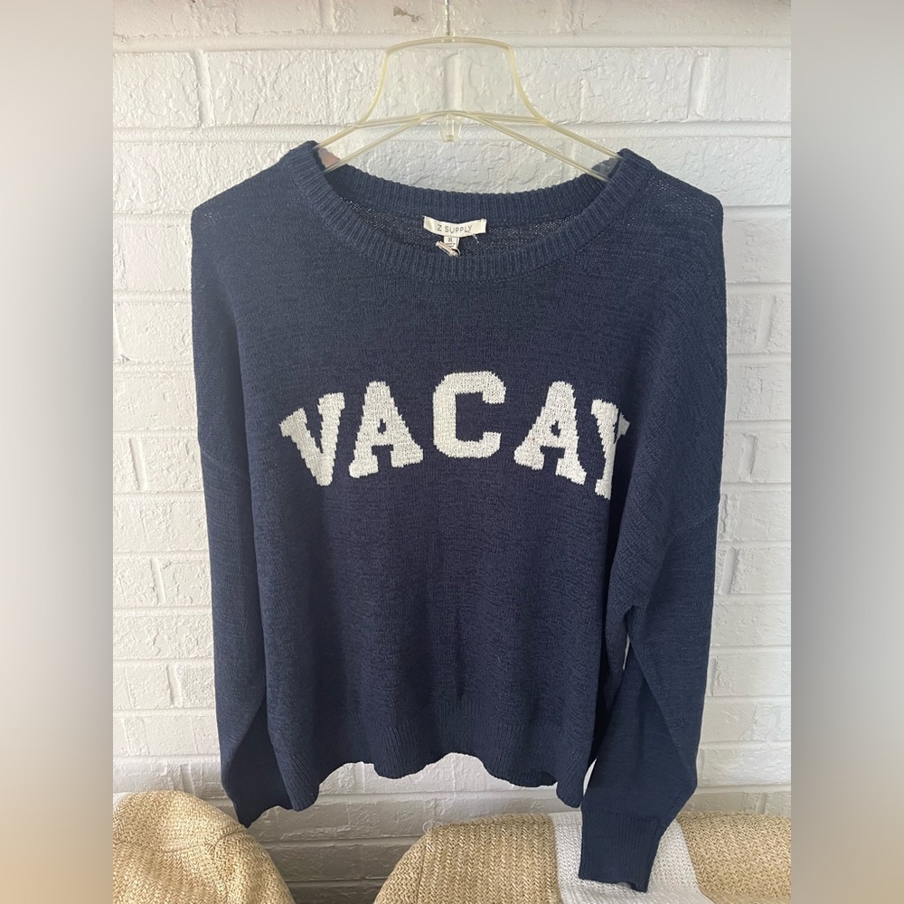 Z Supply Navy Knit Vacay Sweater with White Lettering